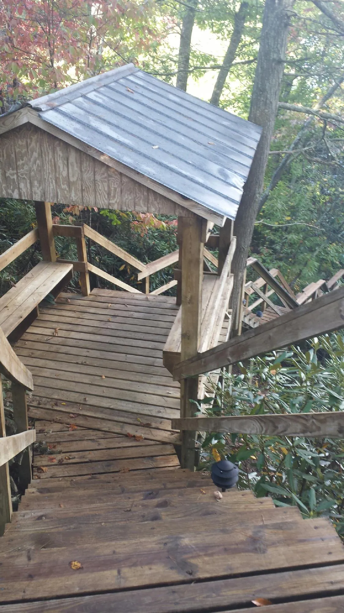 Metal roofed shelter over wooden steps on a wooded walkway — Skylight Repair & Installation work by our crew in Proctor